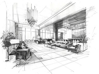 A drawing of a large open hotel lobby with a lot of furniture and plants. Wide and tall window for natural lighting. 
