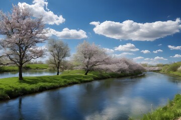Spring, river, beautiful blue sky