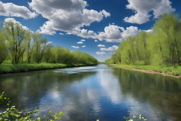 Obraz premium Spring, river, beautiful blue sky