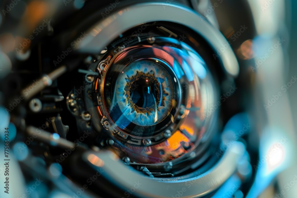 Poster precise android eye robot. data human tech. generate ai