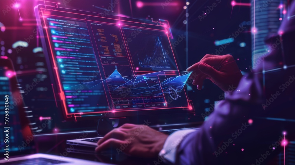 Poster Man Typing on Computer in Dark Room
