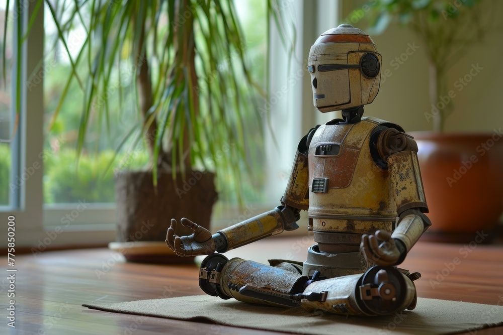 Poster introspective robot android meditating. sexy ai. generate ai
