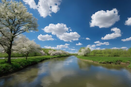 Spring, river, beautiful blue sky