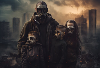 Portrait of family wearing respiratory gas masks. Post apocalyptic scene, city in ruins background