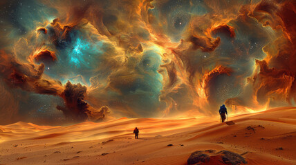 Travelers walk along the dunes of a distant planet.