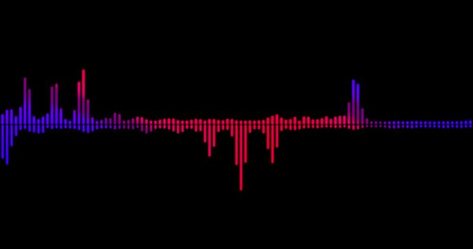 Digital visualization of audio waveform. Double, asynchronous audio spectrum isolated on a black solid