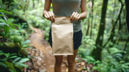 Naklejka na ściany i meble A close-up shot capturing a person's hands presenting an unbranded paper bag amidst the vibrant greenery of a dense forest