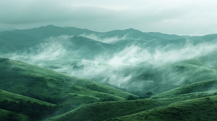 Serene hills veiled by soft drifting mist