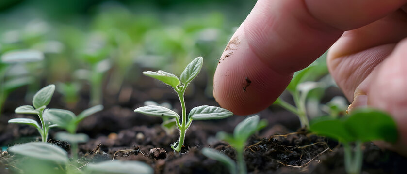 Closeup of seedling emerging from soil Gardening hands, botanical preservation imagery