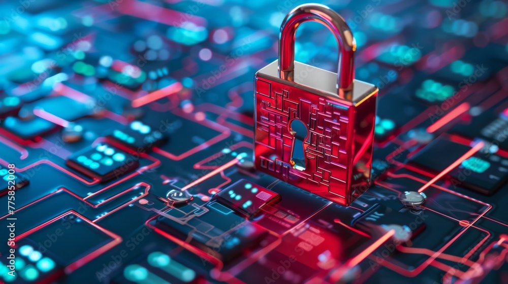 Poster Red Padlock Resting on Computer Keyboard