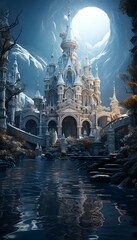 Fantasy landscape with a fantasy castle. Panoramic image.