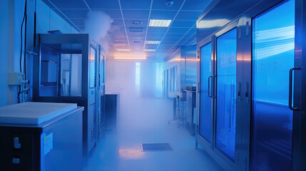 Cryofreeze chamber room laboratory with blue germicidal light.