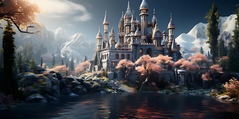 Magic Fairy Tale castle on the bank of a mountain river at sunset