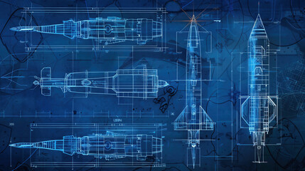 blue print of rockets dagger. drawing of military missiles - obrazy, fototapety, plakaty