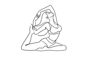 Girl doing stretching continuous line art drawing isolated on white background. Meditation line art drawing. Vector illustration