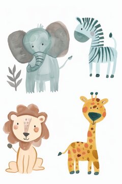 Watercolor cute illustration of cartoon tropical animals on white background