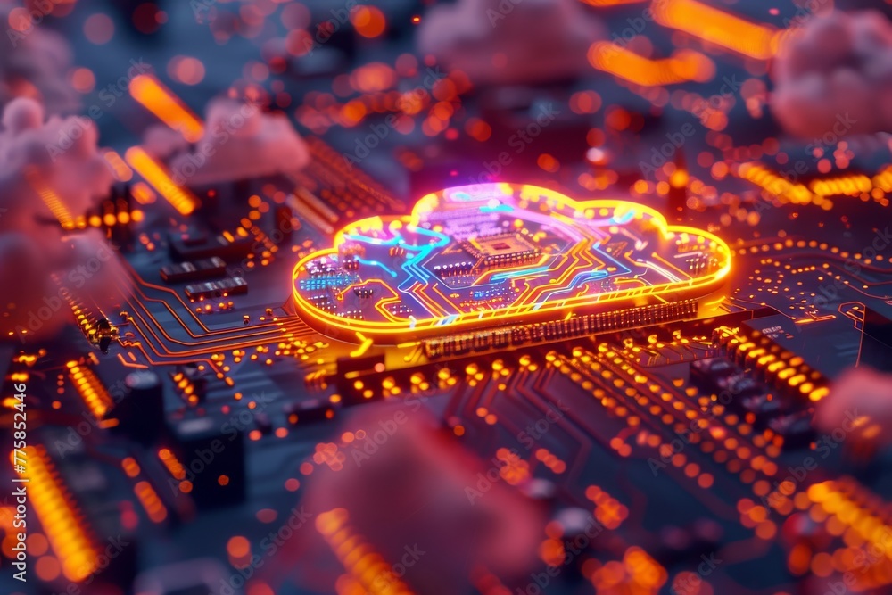 Aufkleber a vivid depiction of the symbiotic relationship between cloud infrastructure's hardware and software