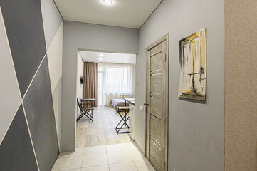standard room interior apartment. room doors, renovation corridor lobby entrance hall