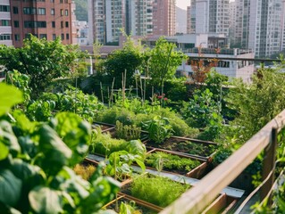 Fototapeta premium Lush green rooftop garden in urban setting, embodying environmental sustainability.