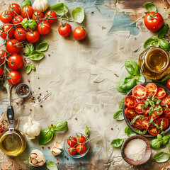 Italian food background frame with tomatoes, olive oil, basil and garlic on rustic table, top view