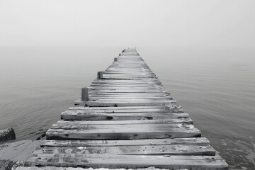 Obraz premium Serene Misty Pier Leading into Calm Lake Waters under a Grey Sky - A Peaceful Monochromatic Scene