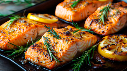 grilled salmon steak with herbs and lemons