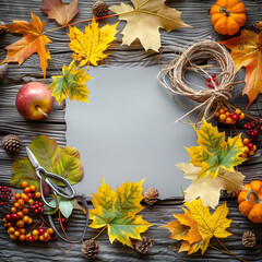 Beautiful frame with autumn leaves, pumpkins, rowan berries, rope and scissors for making autumn decoration, top view.
