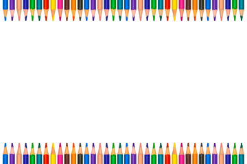 Horizontal image with colored pencils in line up and down forming a frame on white background