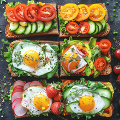 Healthy sandwiches with eggs, vegetables and herbs on dark background, top view. Flat lay