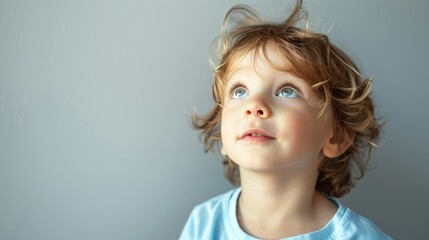 Portrait of happy little boy on blue background. Beautiful simple AI generated image in 4K, unique. - obrazy, fototapety, plakaty