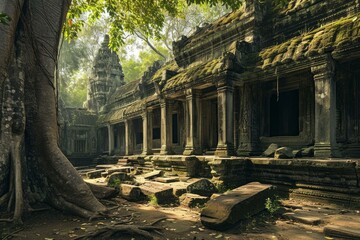 Fototapeta premium Majestic Angkor wat temple illustration. Asia ruin architecture monument face. Generate Ai