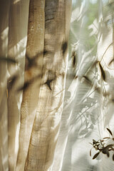 Serene Sunlit Curtain with Nature's Silhouette - Tranquil Morning Light Through Window Drapery