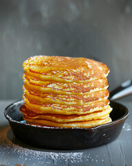 Stack of pancakes in  frying pan at rustic background