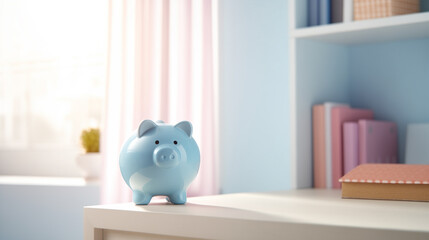 photo of a piggy bank sitting on a dresser, zoomed in, bright room