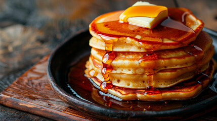 a stack of delicious pancakes topped with maple syrup and other toppings - Powered by Adobe