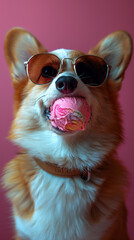 animale domestico cane corgi con occhiali da sole mentre mangia un gelato rosa alla fragola, adorabile cagnolino rosso lecca gelato, sfondo bubblegum rosa,