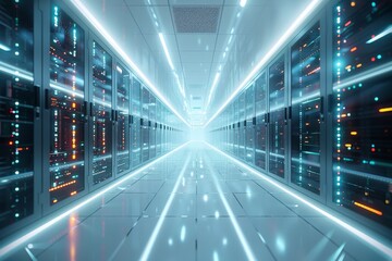 Obraz premium Data Center Server room. Futuristic network technology background