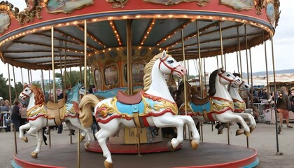 Charming Old Fashioned Carousel With Brightly Pai