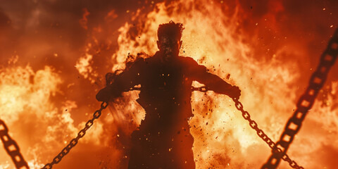 A man escapes from the chains, breaks the chains against the background of a fire and explosion. Freedom concept.
