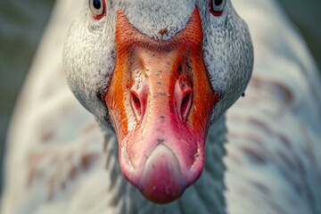 Feisty Angry goose closeup. Humorous group domestical animals with feathers. Generate AI