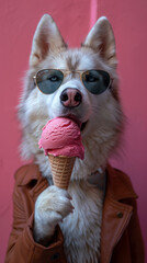 husky grigio con occhiali da sole e giacca di pelle mentre lecca un cono gelato rosa, adorabile animale domestico di razza nordica, siberian husky mangia gelato alla fragola su sfondo rosa