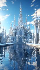 3D illustration of a fantasy landscape with a mosque and a pool