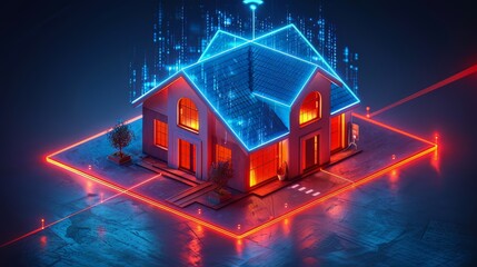 smart home, wireless hot:2 signal, 3d icon, isometric, dark blue lighting, Red gradient frosted glass building