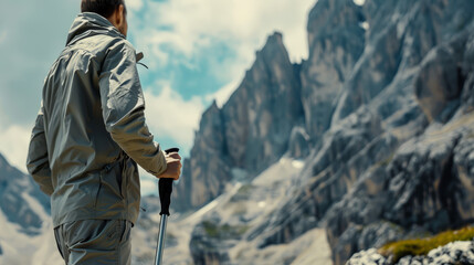 An adventurer clad in hiking attire contemplates the majestic mountain scenery before him