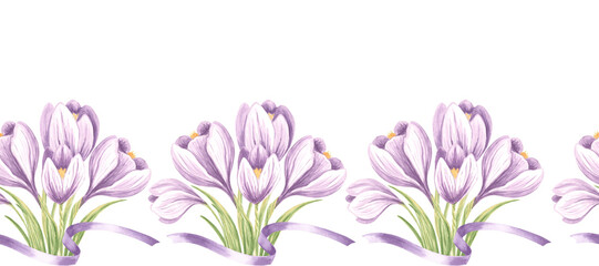 Violet crocuses with green leaves and ribbons seamless border. Hand drawn watercolor illustration spring saffron flower blossom. Template background for fabric, wallpaper, scrapbooking, cover, textile