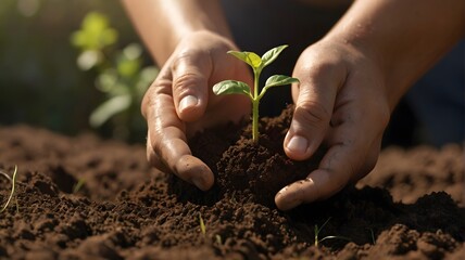 Hands holding young plant in soil, planting, gardening, environmental sustainability