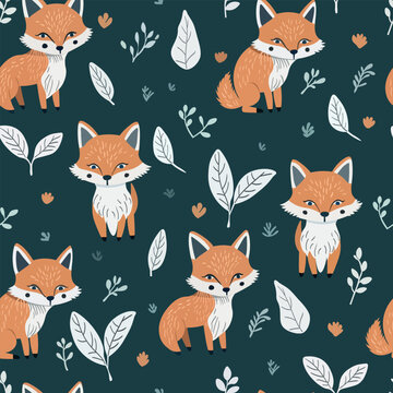 Children's pattern with fox cubs. Cartoon foxes sit and stand on a dark green background with leaves and flowers. Fairytale foxes on the lawn.
