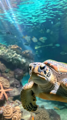 Obraz premium Vertical photo of a large sea turtle underwater with sun rays. World Sea Turtle Day 