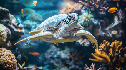 Obraz na płótnie Canvas Beautiful underwater world of the ocean. Sea turtle underwater in the sun. World Sea Turtle Day 