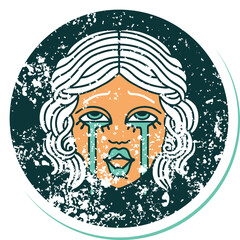 iconic distressed sticker tattoo style image of a very happy crying female face